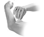 A hand applying a patch or dressing to the upper arm of a person in a black and white medical drawing