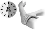 A clock showing the text '30 secs' next to a bent arm with a hand massaging it