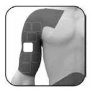 Black and white drawing of a man's torso with a checkerboard-patterned therapeutic patch applied on the upper right arm