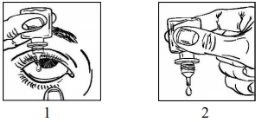 Due disegni in bianco e nero mostrano una mano che tiene un contagocce per instillare una goccia di medicinale nell'occhio