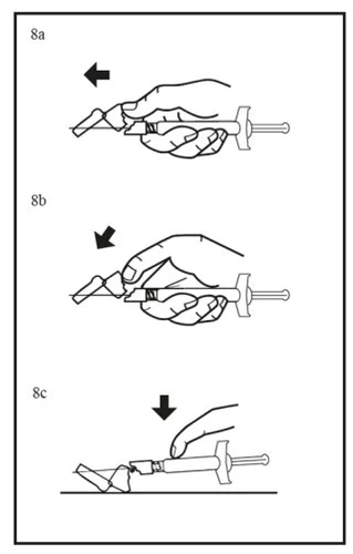 Tre disegni sequenziali mostrano una mano che impugna una siringa per l'alto