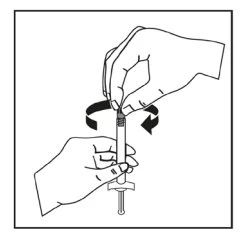Two hands holding a syringe while rotating the upper part clockwise and counterclockwise to prepare the drug dose