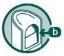 Diagramma medico circolare che mostra una sezione trasversale di un dispositivo con una freccia che indica la posizione b su un componente interno