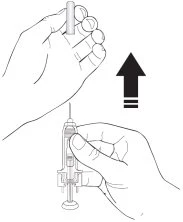 Technical drawing showing a hand lifting a cylindrical cap above a syringe held by the