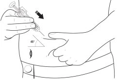 Technical drawing showing a hand inserting a syringe into the device