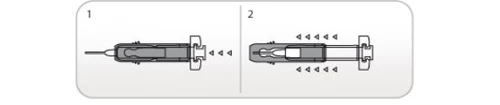 Two-step diagram showing the operation of a medical device with directional arrows indicating internal mechanical movement