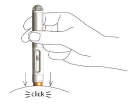 A hand holding a cylindrical injection pen placed against the skin with an arrow indicating downward movement and the word click