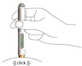A hand holding vertically a pen-shaped medical device placed against the skin with the word click below
