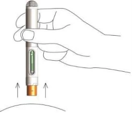 One hand holding a vertical injection pen above the skin, with two arrows indicating downward pressure movement