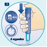 A hand gripping a blue medical device with a timer and digital display showing 0.01 mg on a light blue background