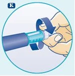 A hand rotates the top part of an injection pen to the right following the direction indicated by a curved blue arrow
