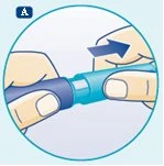 Two hands holding a blue medical device and separating it by rotating to the right as indicated by a dark blue arrow