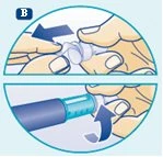 Two circular illustrations show hands handling a medical device to remove a cap and press a side button