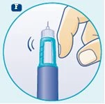 A hand holds a pre-filled syringe vertically with small motion marks indicating the