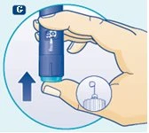 A hand holds a blue medical device with an arrow pointing toward the