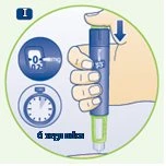 A hand holding a blue and green injection pen with a downward arrow, a digital display, and a timer indicating 6 seconds