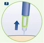 A blue and green injection pen with a blue arrow pointing downward