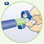 A hand rotating the top part of a medical injection pen indicated by a blue arrow to prepare the drug dosage