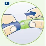 Two hands separating a blue and green medical device with a blue arrow indicating the pulling motion outward