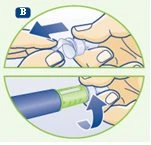 Two circular illustrations showing hands separating and then rotating a medical device with blue arrows indicating the movement