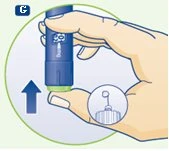 A hand holding a blue and white medical device with an arrow pointing downward