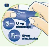 Two hands holding a blue medical device with dosage indications of 1.2 mg and 5.8 mg of selexipag on a light circular background