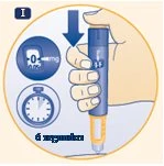 Una mano impugna una penna iniettiva con un display che segna 0 mg e un cronometro che indica 6 secondi per l'iniezione