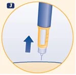 Illustrazione medica di una penna iniettiva blu con freccia verso il basso