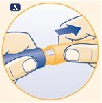 Due mani che impugnano un dispositivo medico cilindrico giallo e blu, con una freccia blu che indica il movimento di apertura verso destra