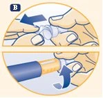 Due illustrazioni mostrano mani che manovrano un dispositivo medico, con frecce blu che indicano il movimento di rimozione e inserimento del cappuccio