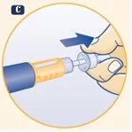 Una mano impugna un dispositivo medico di colore blu e giallo, con una freccia blu che indica il movimento di pressione verso il basso