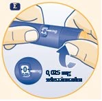 Due mani tengono una penna iniettiva blu per regolare il dosaggio con un ingrandimento che mostra il display con la scritta 0,025 mg