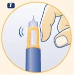 Una mano tiene una penna iniettiva verticale con un ago esposto e linee di movimento che indicano l'iniezione