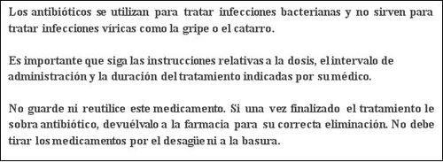 Text in Spanish about antibiotic use, the importance of following medical dosages, and instructions for proper disposal of unused medication