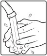 Disegno in bianco e nero di due mani che lavano un flacone cilindrico sotto un getto d'acqua con bolle di sapone e gocce sparse