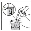 Technical drawing showing a hand dipping a syringe into a glass of liquid
