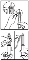 Technical drawing showing two hands holding a syringe to prepare the dose and adjust the plunger, with a close-up of the syringe barrel