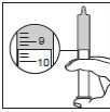 Magnified detail of a syringe held by a hand, showing the graduated scale with the liquid level between the 9 and 10 marks