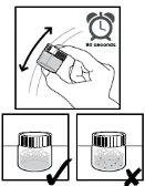 A hand shakes a vial for 30 seconds, and two diagrams show correct liquid filling compared to insufficient filling, with check and cross marks