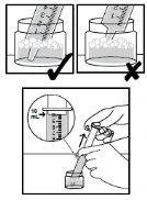 Diagram showing correct insertion of a syringe into a vial with balls, with a check mark and a cross to indicate proper and improper technique