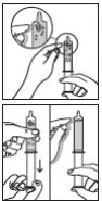 Technical drawing showing two hands holding a syringe for