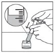 A hand holds a syringe to aspirate liquid from a small vial, with a magnified view showing the graduated liquid level