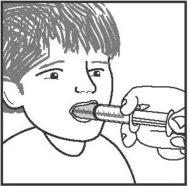 Black-and-white drawing of a hand inserting a needleless syringe into an open child's mouth to administer liquid medication