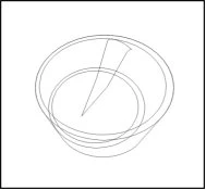 Thin-line drawing of a circular container or bowl with a leaf- or petal-shaped object inside