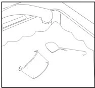 Black-and-white technical drawing showing a container with a wavy rim, a teaspoon, and a small graduated cup