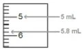 Diagram of a syringe with graduated markings indicating measurement levels of 5 mL and 5.8 mL via horizontal arrows