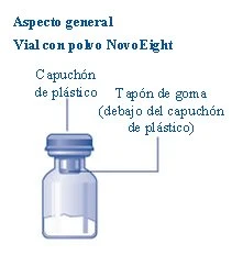 Diagramma di un flacone con polvere NovoEight con indicazioni per il cappuccio di plastica e il tappo di gomma sottostante
