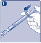 A hand holding a tilted syringe, with a blue arrow indicating downward pressure on the plunger