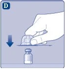 A hand pressing a container downward onto a small glass vial, indicated by a blue arrow pointing downward
