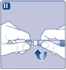 Two hands holding and rotating a cylindrical medical device with a curved arrow indicating clockwise rotation
